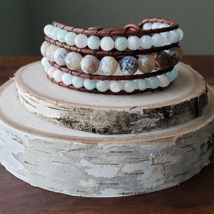 Fire agate and morganite leather cuff bracelet - $50.00 - Moon Cabin Creations
