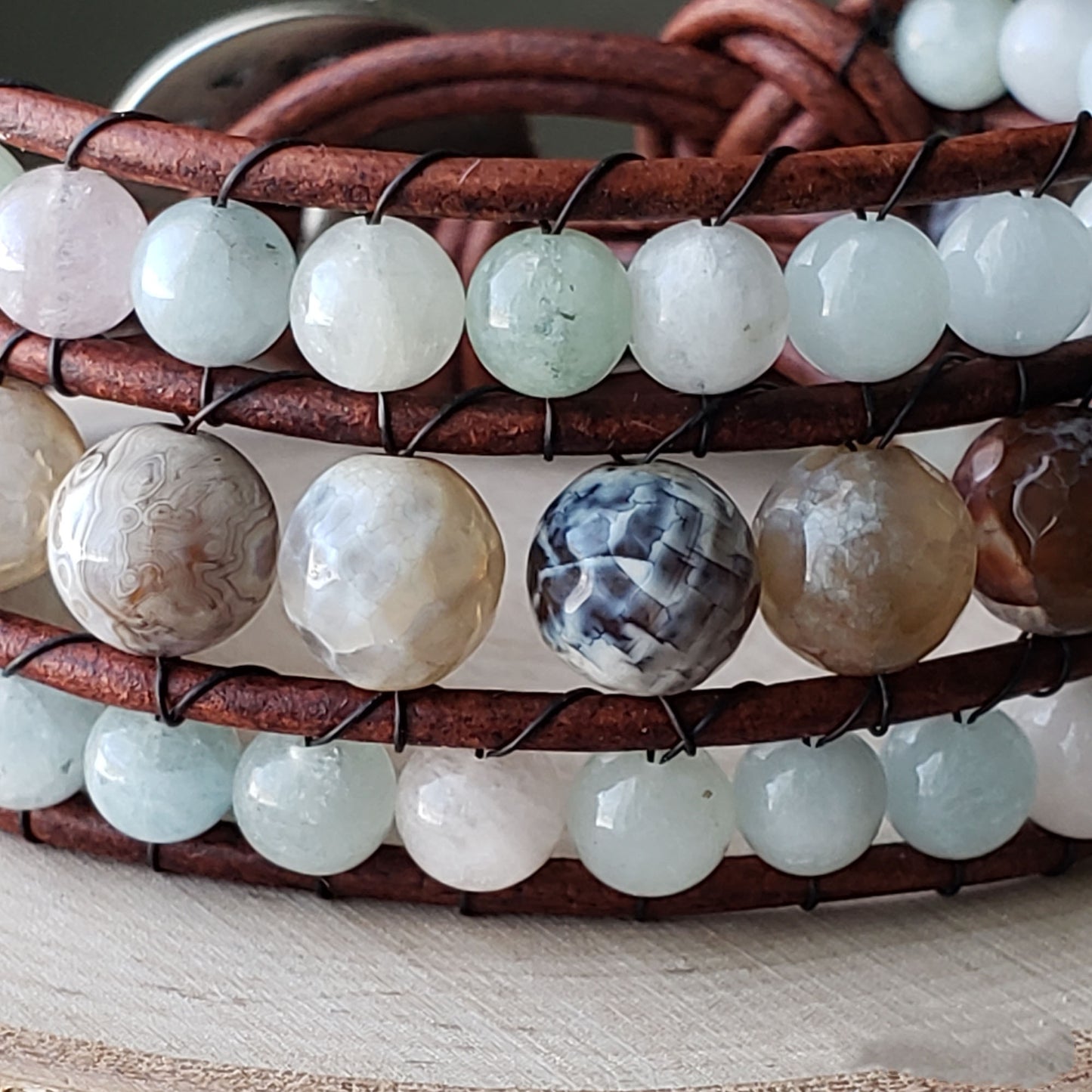 Fire agate and morganite leather cuff bracelet