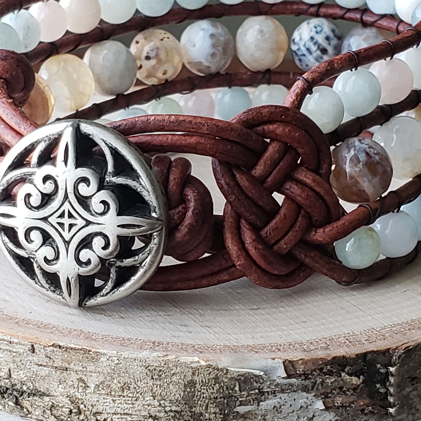 Fire agate and morganite leather cuff bracelet