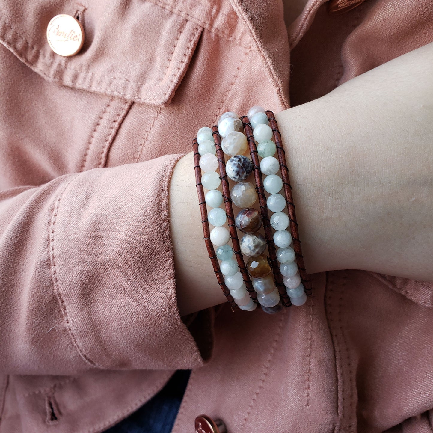 Fire agate and morganite leather cuff bracelet