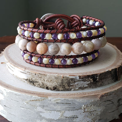 Sunstone, amethyst, mother of pearl cuff bracelet - $50.00 - Moon Cabin Creations