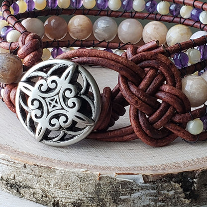 Sunstone, amethyst, mother of pearl cuff bracelet - $50.00 - Moon Cabin Creations