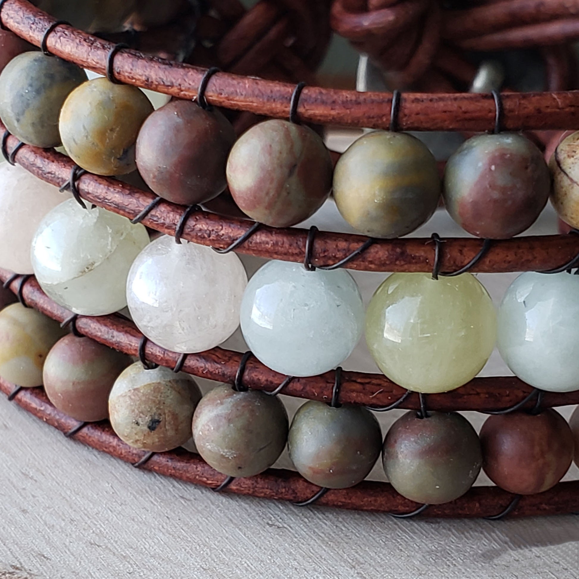 Morganite and Chinese rainbow jasper leather cuff bracelet