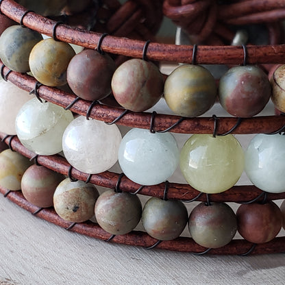 Morganite and Chinese rainbow jasper leather cuff bracelet - $50.00 - Moon Cabin Creations