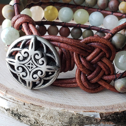 Morganite and Chinese rainbow jasper leather cuff bracelet - $50.00 - Moon Cabin Creations