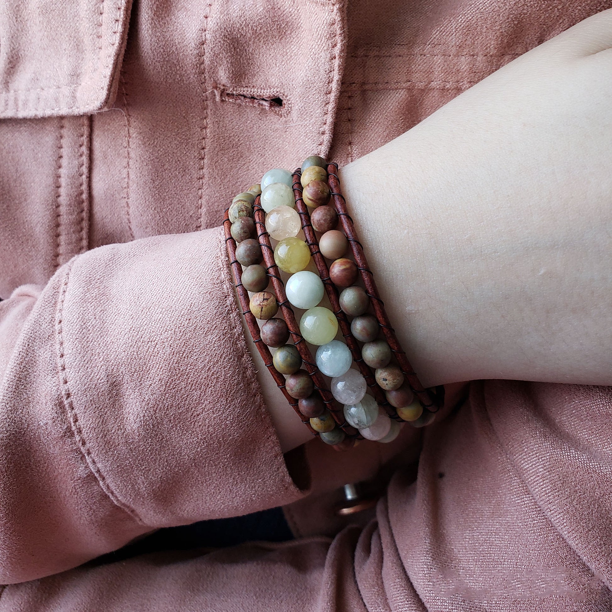 Morganite and Chinese rainbow jasper leather cuff bracelet