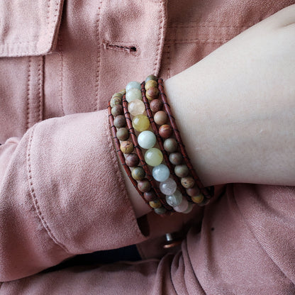 Morganite and Chinese rainbow jasper leather cuff bracelet - $50.00 - Moon Cabin Creations