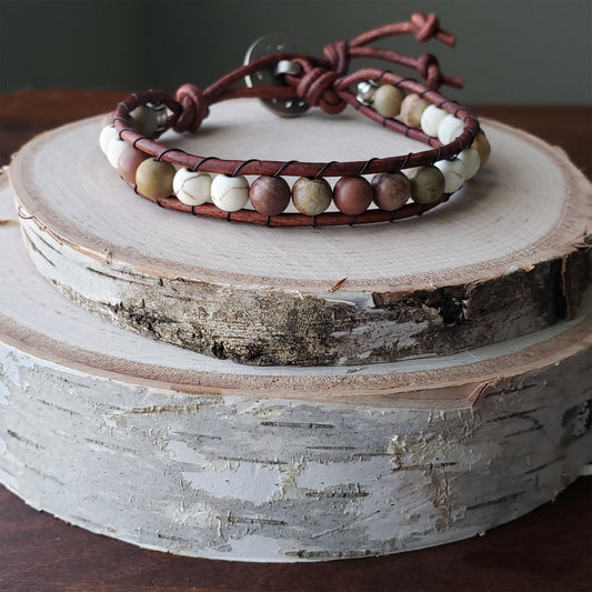 Leather single wrap bracelet Chinese Rainbow Jasper dyed white howlite