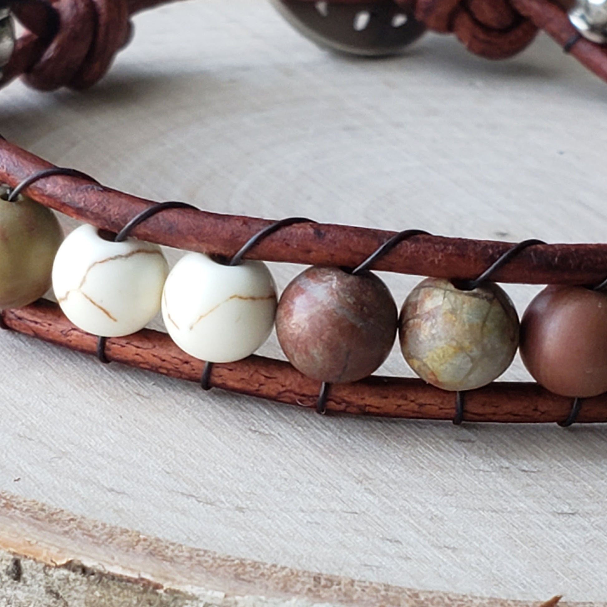 Leather single wrap bracelet Chinese Rainbow Jasper dyed white howlite