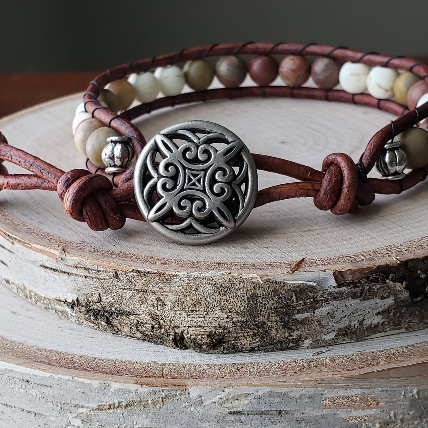 Leather single wrap bracelet Chinese Rainbow Jasper dyed white howlite