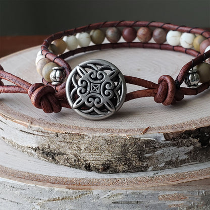 Leather single wrap bracelet Chinese Rainbow Jasper dyed white howlite - $25.00 - Moon Cabin Creations