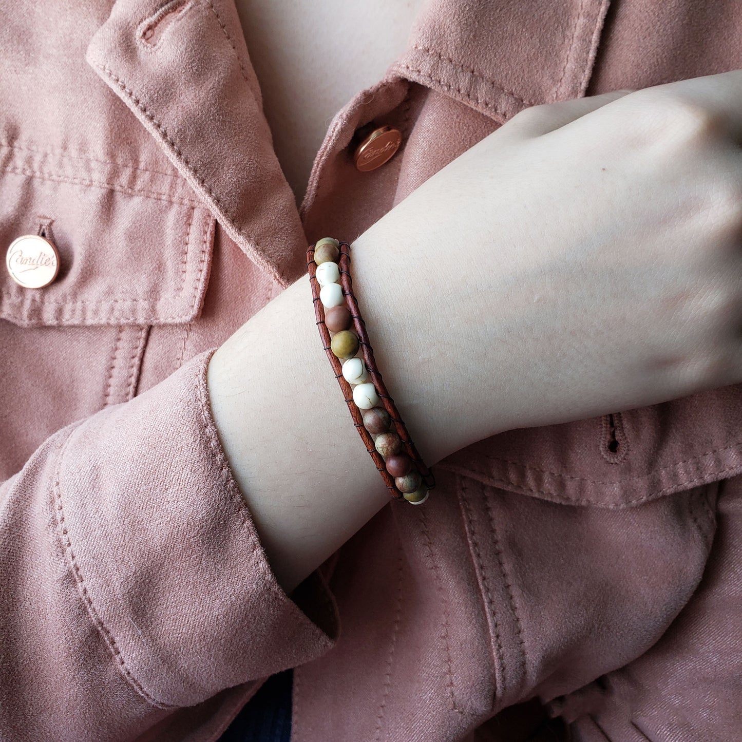 Leather single wrap bracelet Chinese Rainbow Jasper dyed white howlite