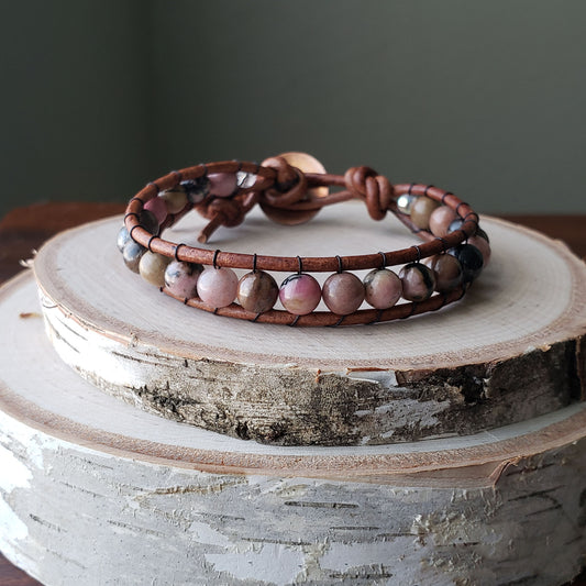 Rhodonite single wrap leather bracelet