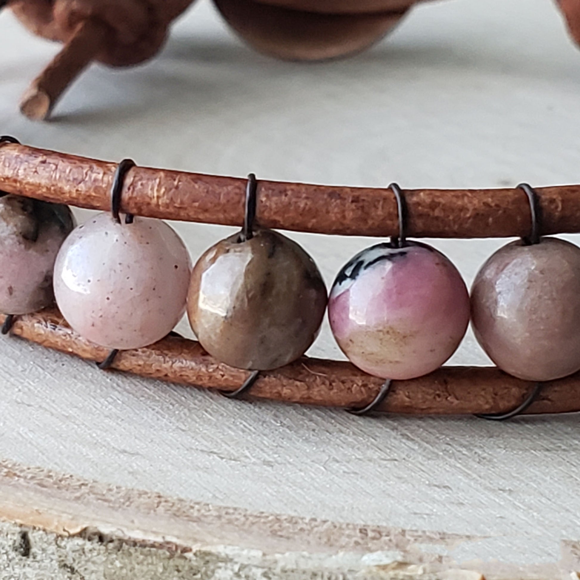 Rhodonite single wrap leather bracelet