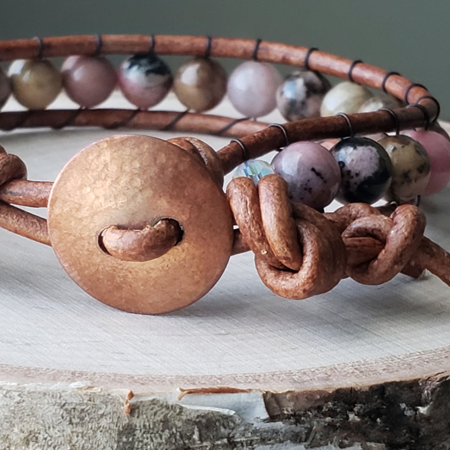 Rhodonite single wrap leather bracelet