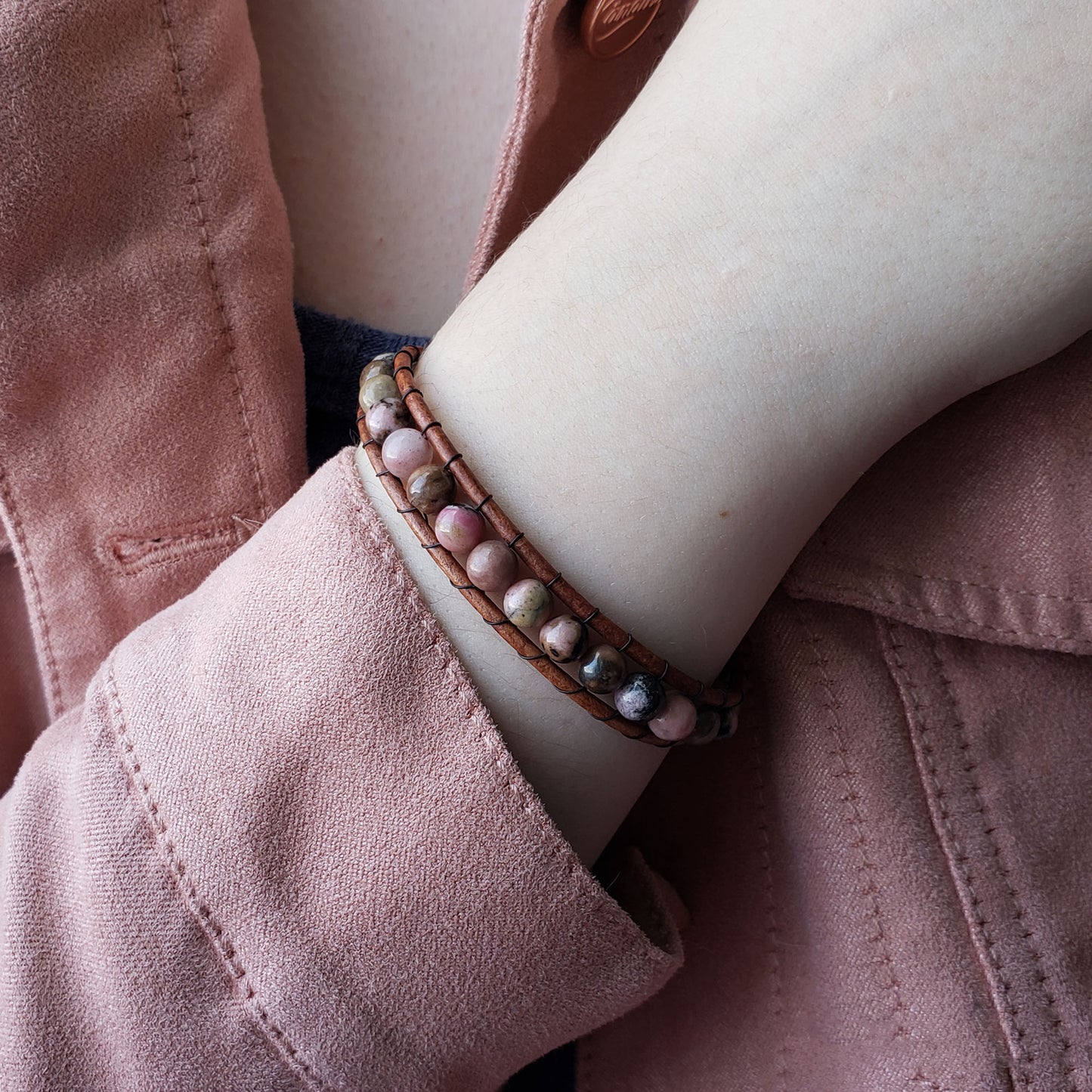 Rhodonite single wrap leather bracelet