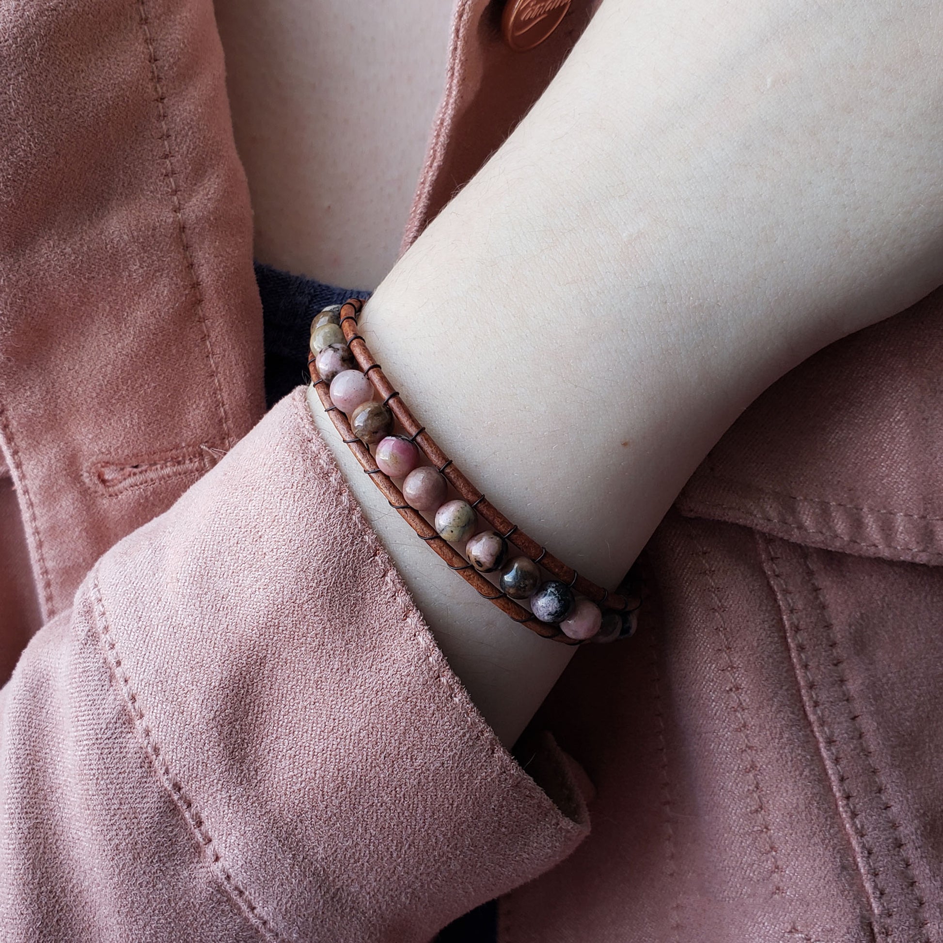 Rhodonite single wrap leather bracelet