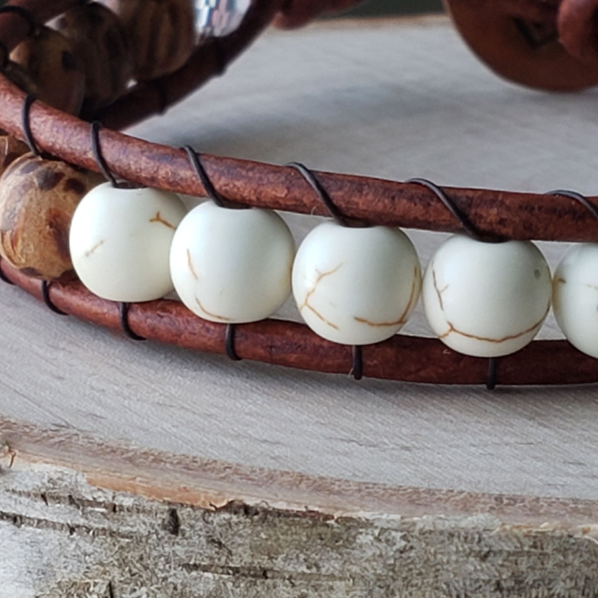 Wood & dyed white howlite single wrap leather bracelet