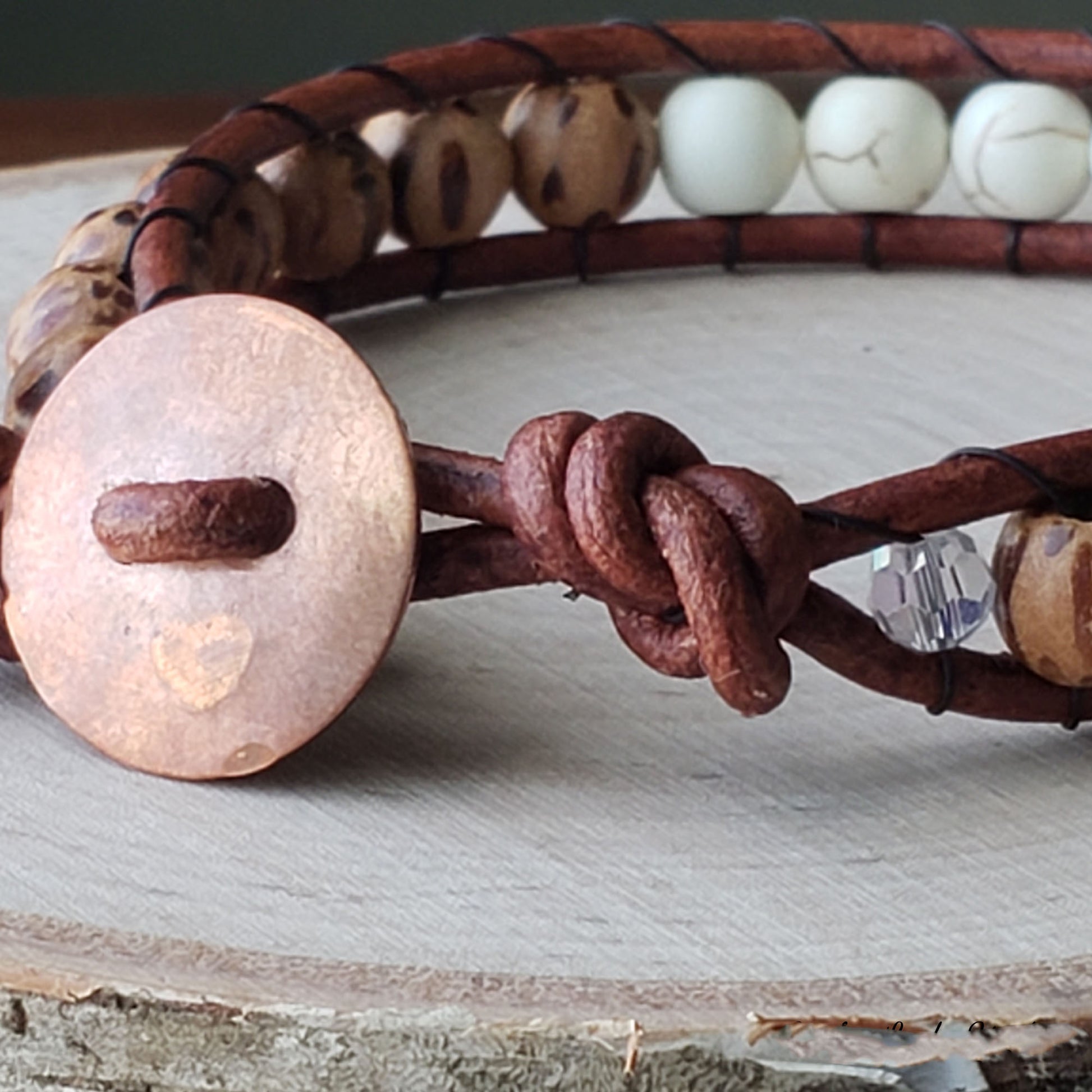 Wood & dyed white howlite single wrap leather bracelet