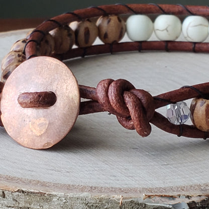 Wood & dyed white howlite single wrap leather bracelet - $25.00 - Moon Cabin Creations