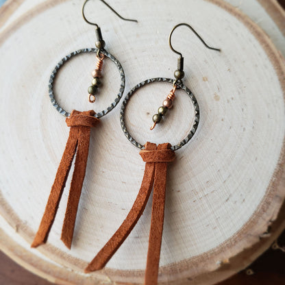 Suede leather dangle earrings multicolor metal beads nickel free ear wire - $15.00 - Moon Cabin Creations