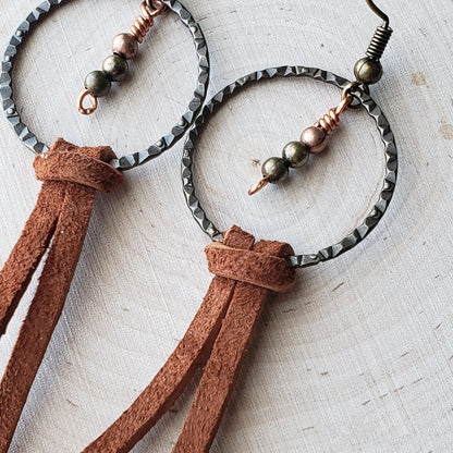 Suede leather dangle earrings multicolor metal beads nickel free ear wire - $15.00 - Moon Cabin Creations