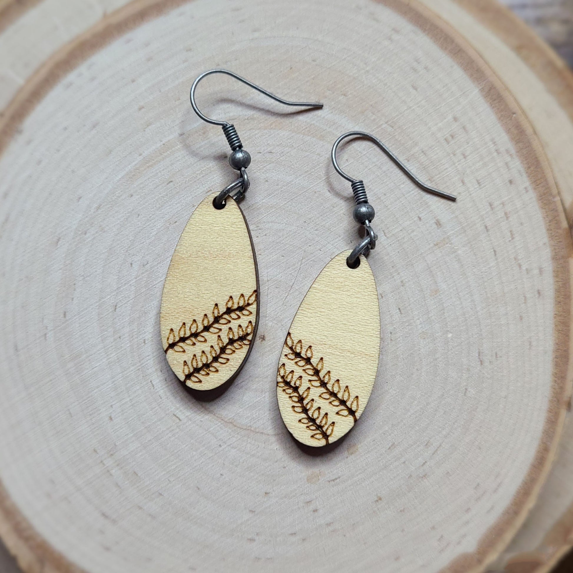 Maple plywood elongated teardrop vine engraved dangle earrings