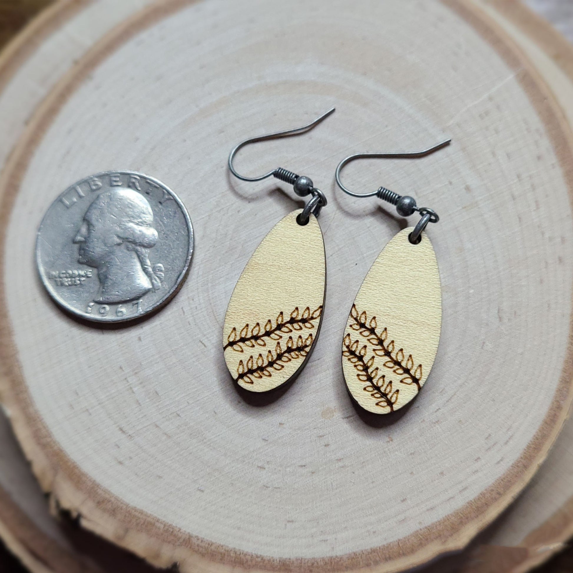 Maple plywood elongated teardrop vine engraved dangle earrings