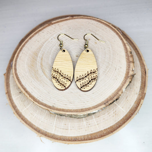 Red oak hardwood elongated teardrop vine engraved dangle earrings