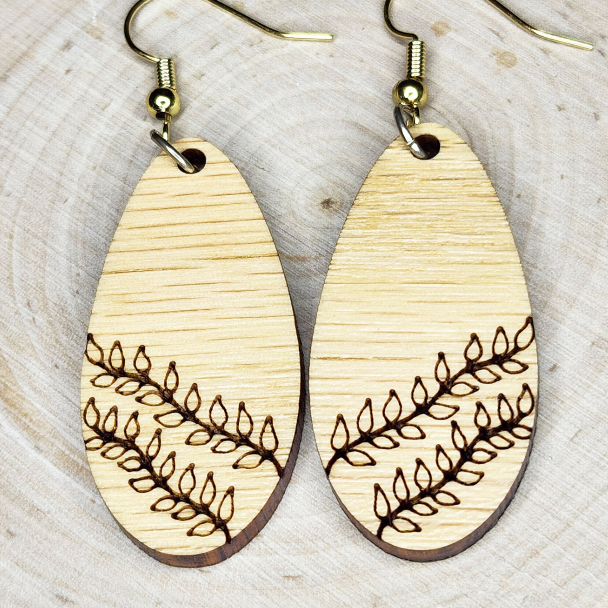 Red oak hardwood elongated teardrop vine engraved dangle earrings