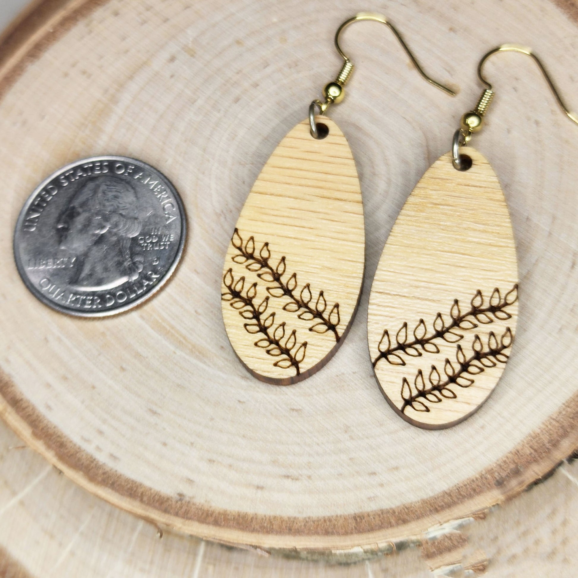 Red oak hardwood elongated teardrop vine engraved dangle earrings