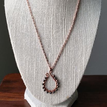 Wire wrapped hand hammered copper elongated horseshoe necklace multicolor metal accent beads - $20.00 - Moon Cabin Creations