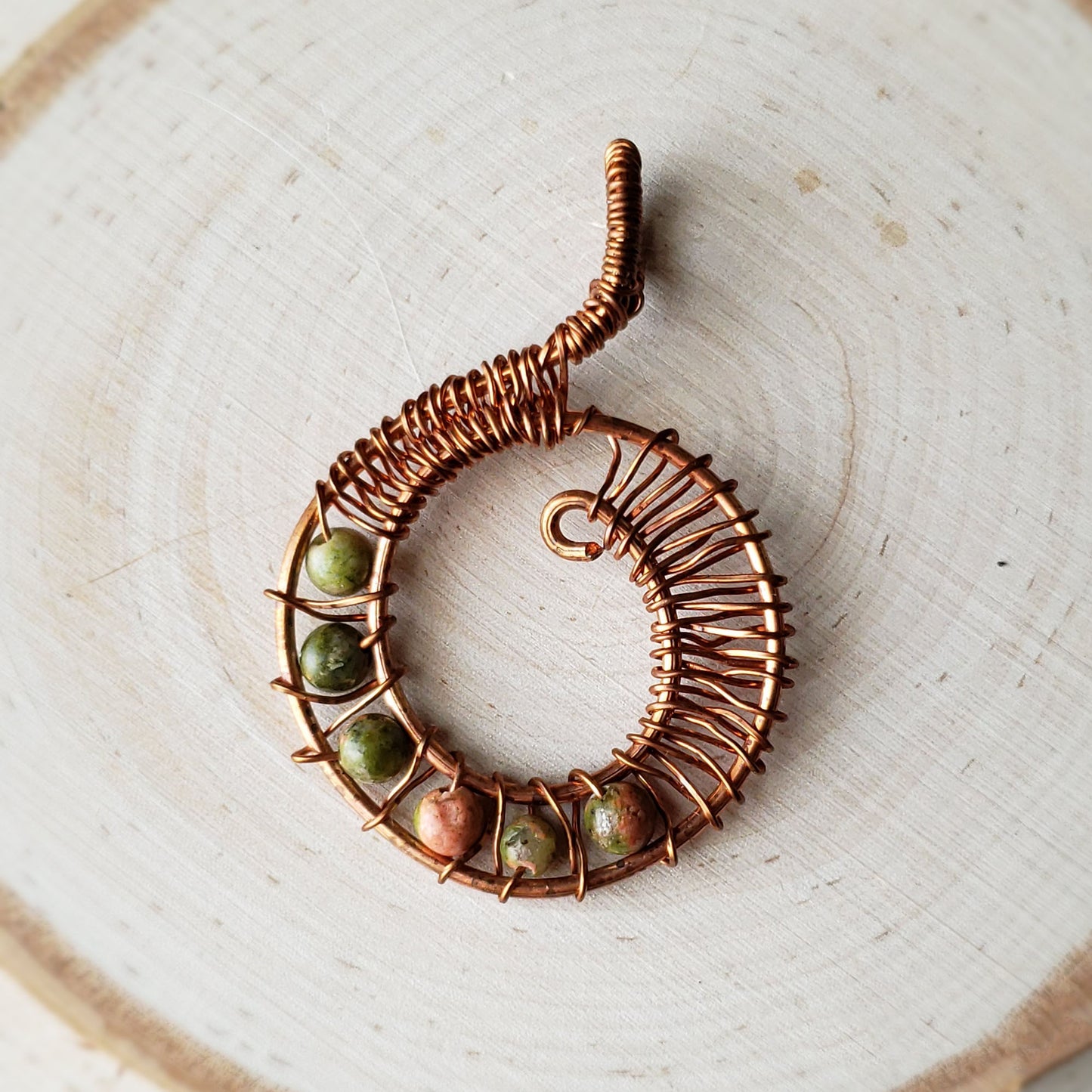 Copper and unakite wire wrapped pendant