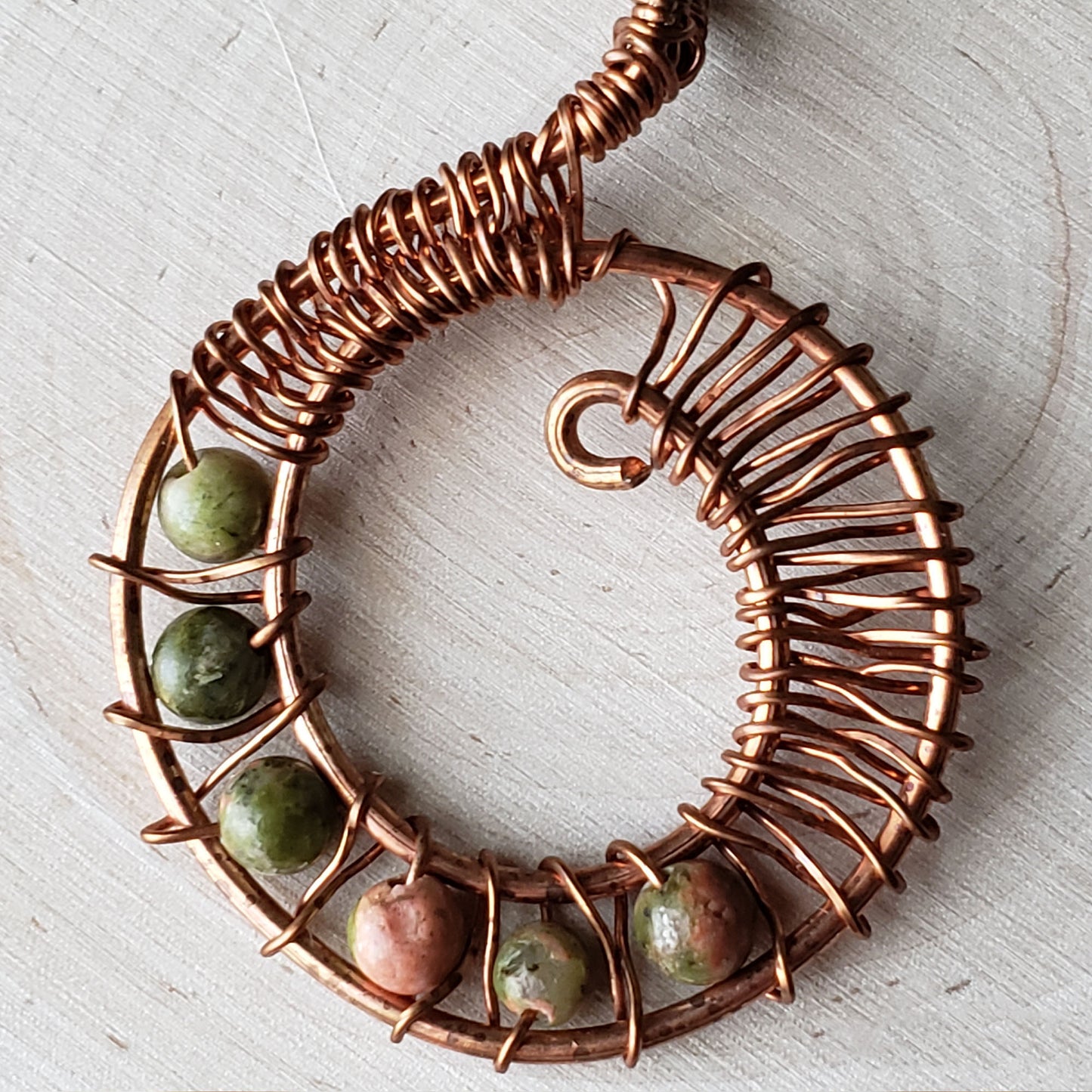 Copper and unakite wire wrapped pendant