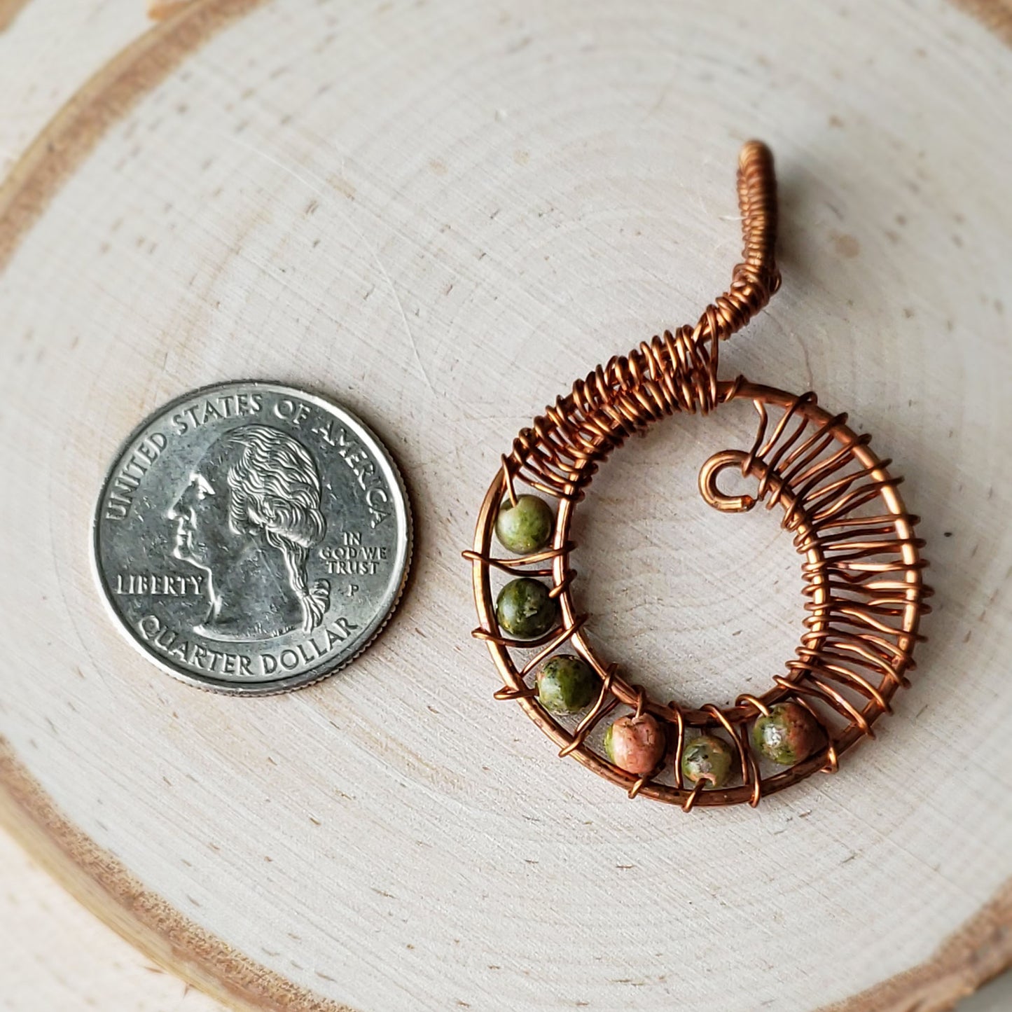 Copper and unakite wire wrapped pendant