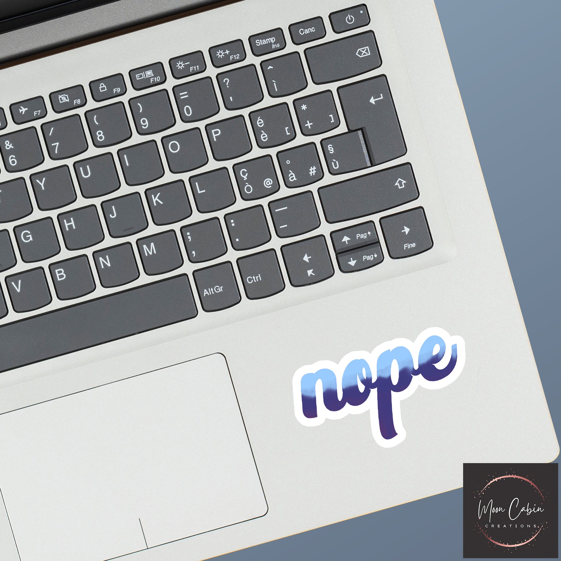 Hand drawn nope vinyl sticker, on laptop