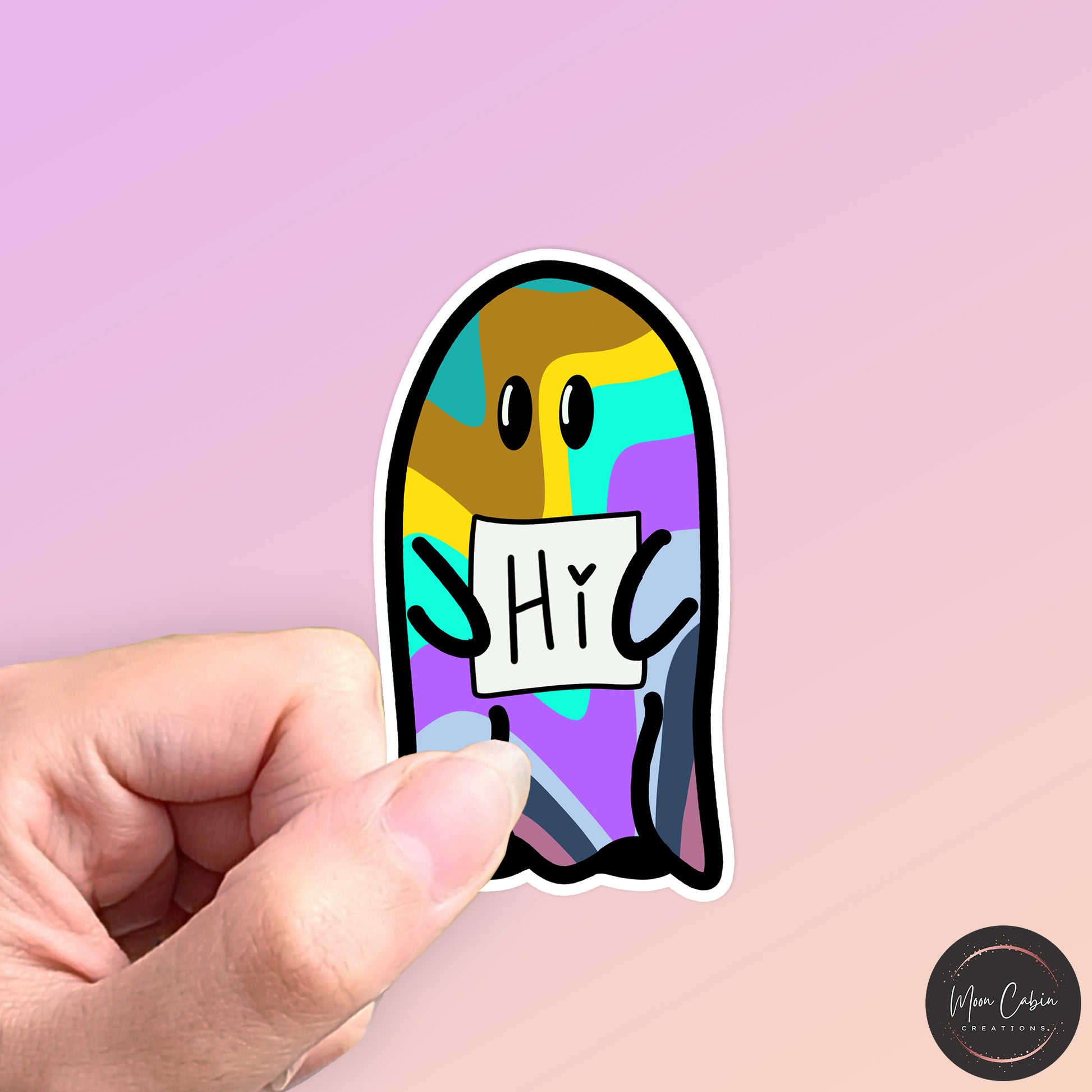 Vibrant happy ghost hand drawn vinyl sticker