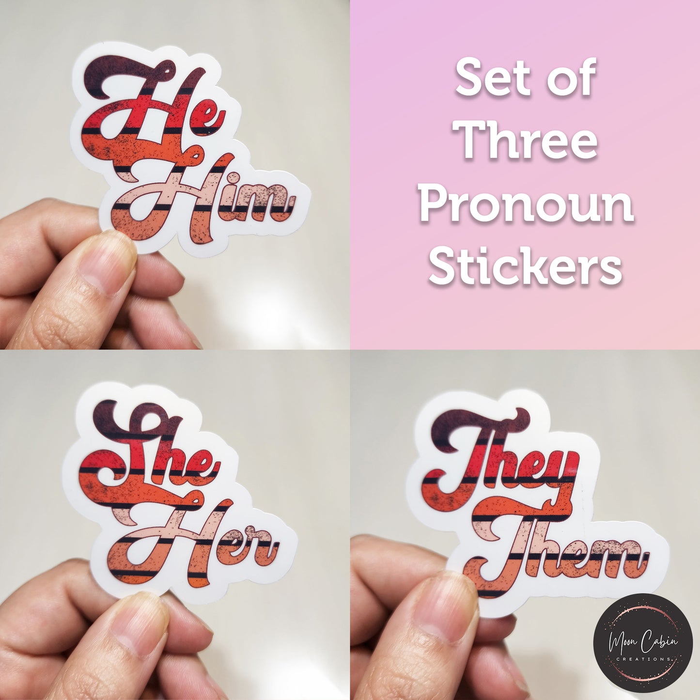 Set of three retro pronoun vinyl stickers